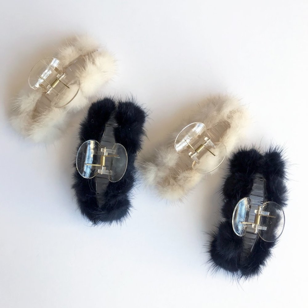 Small Mink Pom Pom Hair Clip Hair Jaw Claw • Black Tan or White • Genuine Fur - Picture 12 of 16